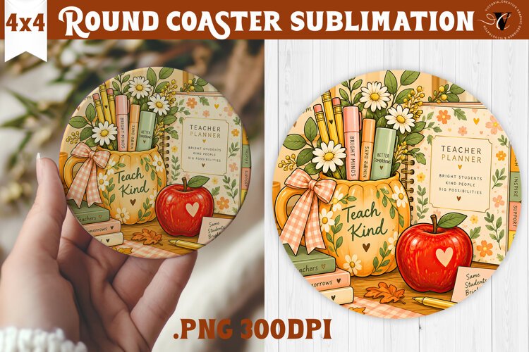 Fall Teacher Round Coaster | Autumn Teacher Gift sublimation example image 1