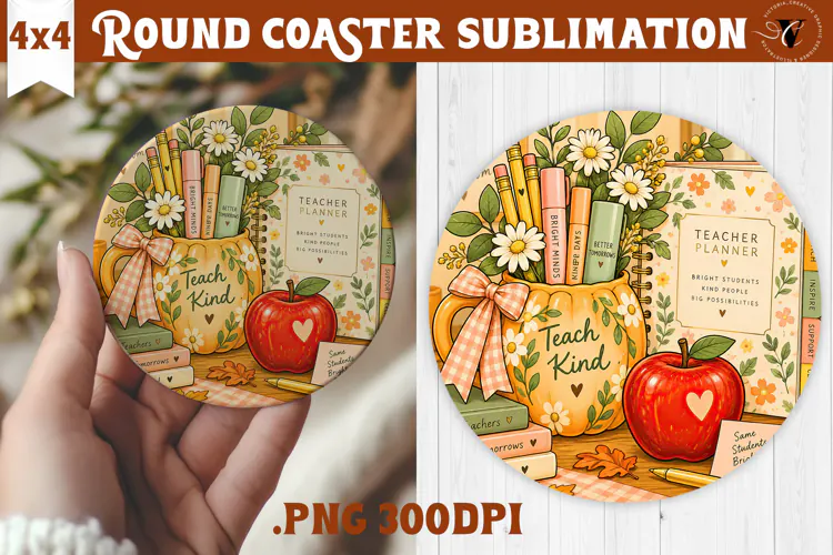 Fall Teacher Round Coaster | Autumn Teacher Gift sublimation