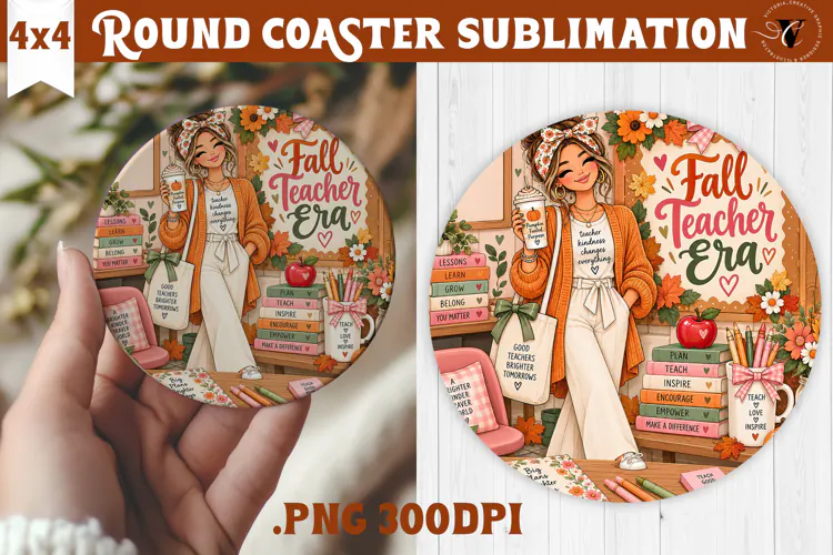 Fall Teacher Round Coaster | Autumn Teacher Gift sublimation