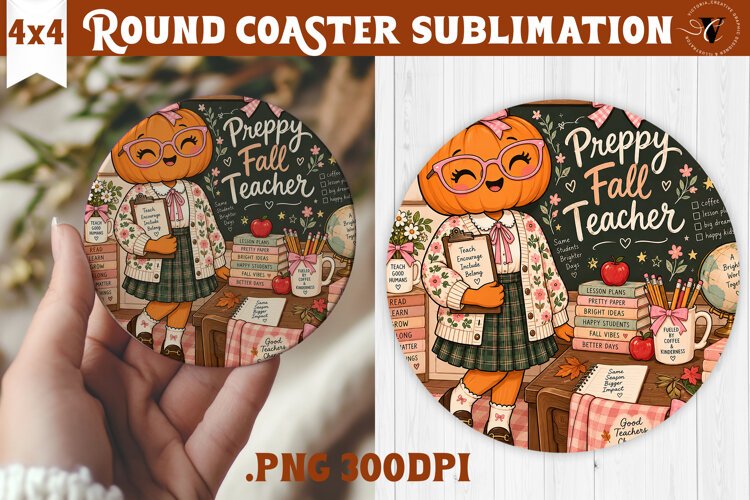 Fall Teacher Round Coaster | Autumn Teacher Gift sublimation example image 1