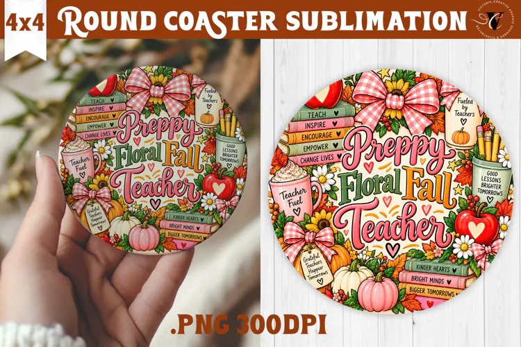 Fall Teacher Round Coaster | Autumn Teacher Gift sublimation