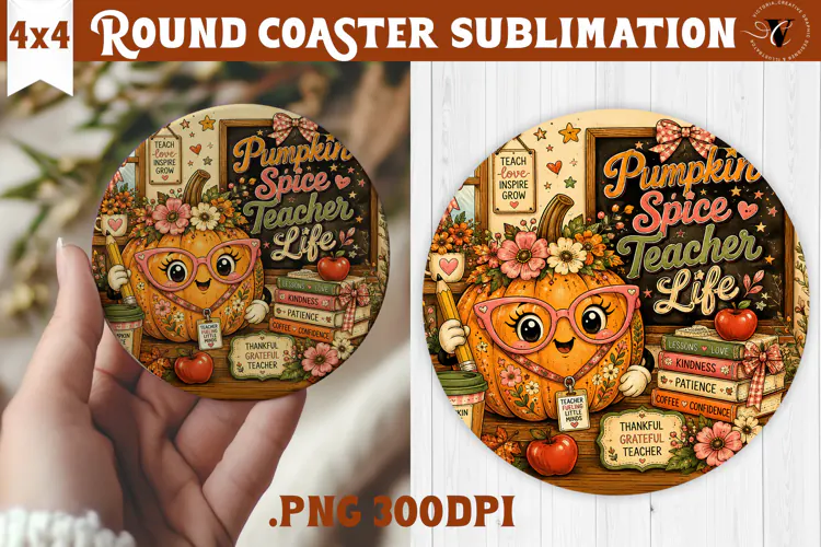 Fall Teacher Round Coaster | Autumn Teacher Gift sublimation