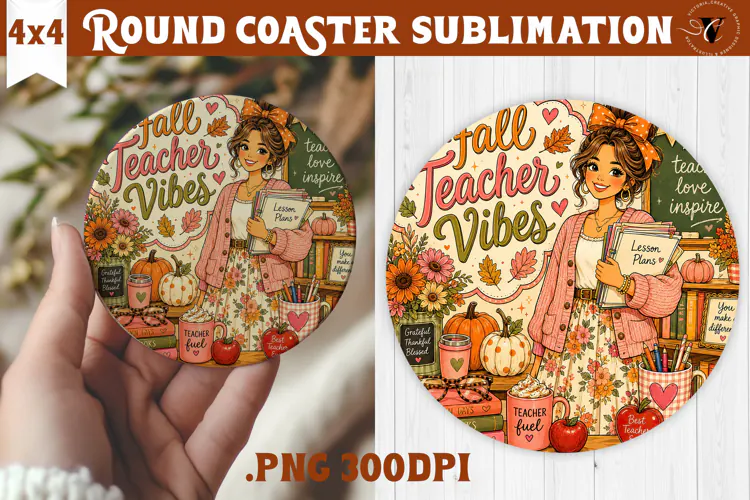 Fall Teacher Round Coaster | Autumn Teacher Gift sublimation
