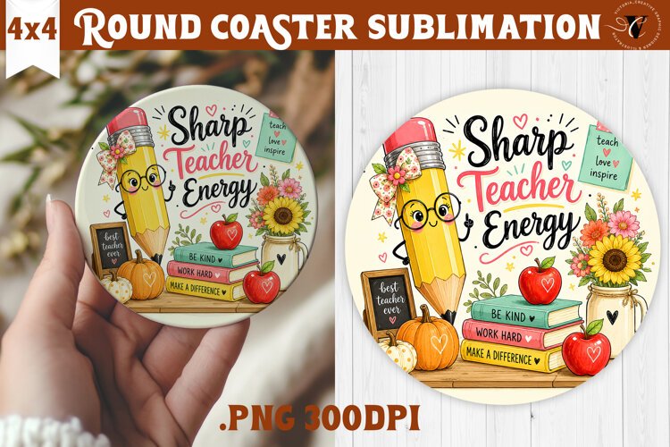 Fall Teacher Round Coaster | Autumn Teacher Gift sublimation example image 1