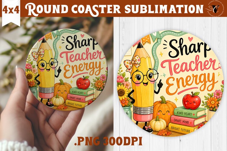 Fall Teacher Round Coaster | Autumn Teacher Gift sublimation example image 1