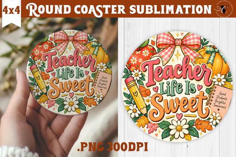Fall Teacher Round Coaster | Autumn Teacher Gift sublimation