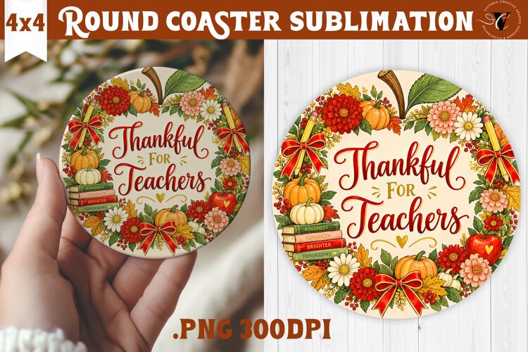 Fall Teacher Round Coaster | Autumn Teacher Gift sublimation example image 1