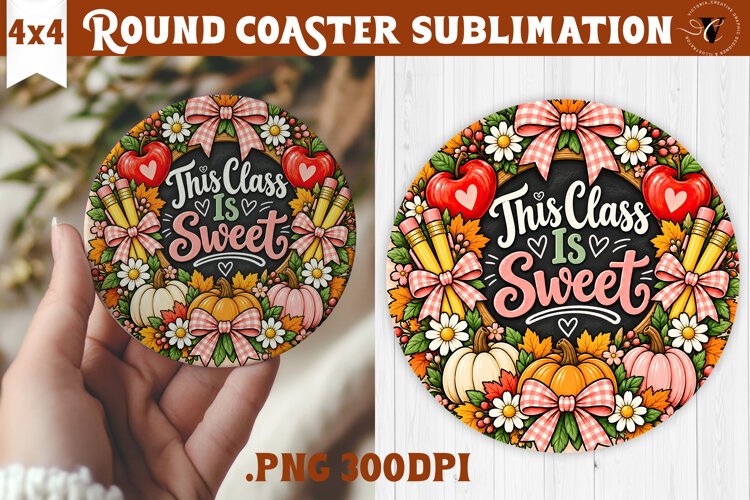 Fall Teacher Round Coaster | Autumn Teacher Gift sublimation example image 1
