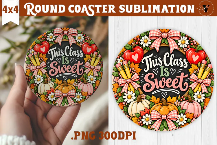 Fall Teacher Round Coaster | Autumn Teacher Gift sublimation