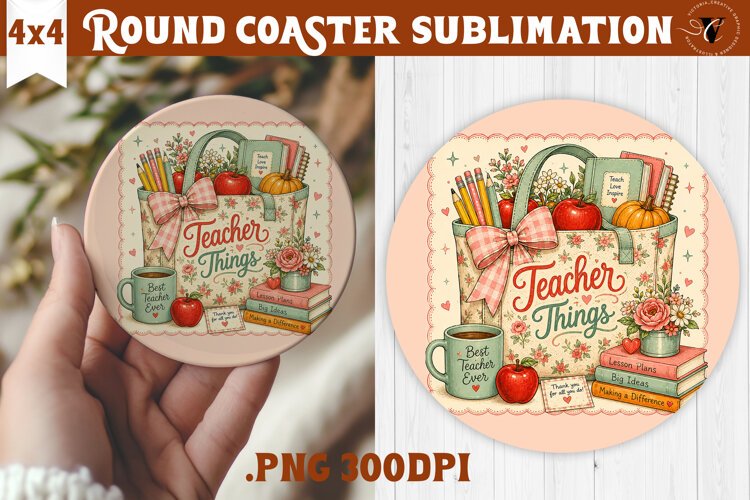 Fall Teacher Round Coaster | Autumn Teacher Gift sublimation example image 1