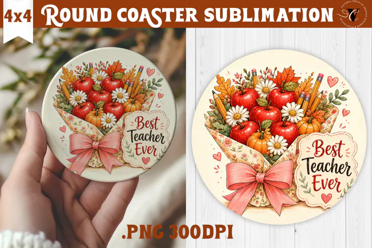 Fall Teacher Round Coaster | Autumn Teacher Gift sublimation