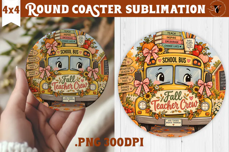 Fall Teacher Round Coaster | Autumn Teacher Gift sublimation