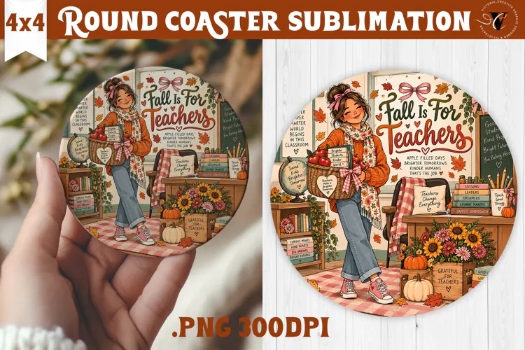 Fall Teacher Round Coaster | Autumn Teacher Gift sublimation
