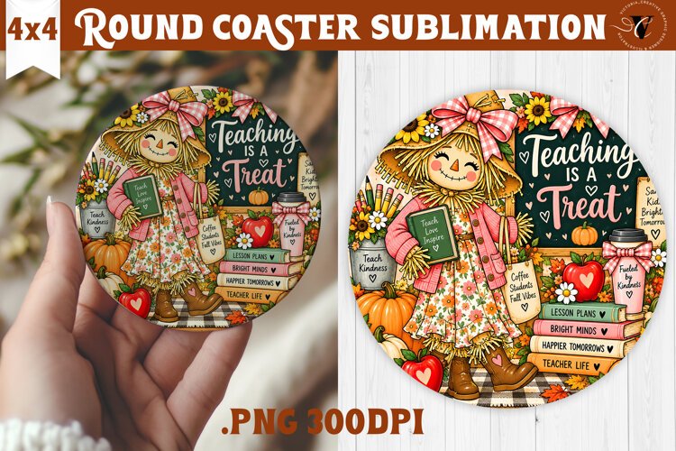Fall Teacher Round Coaster | Autumn Teacher Gift sublimation example image 1