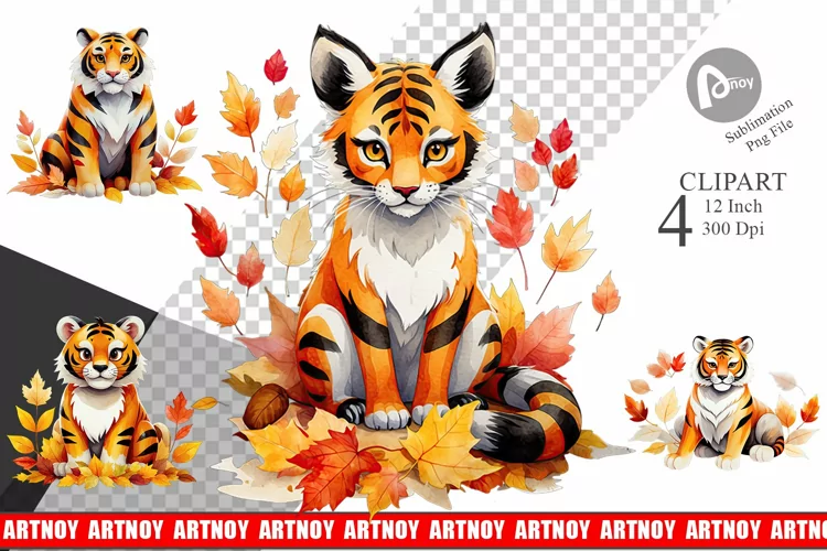 Autumn Tiger Watercolor Clipart