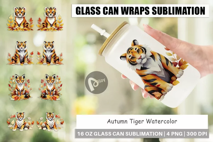 Glass Can Wraps Autumn Tiger Watercolor
