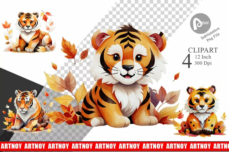 Autumn Tiger Watercolor Clipart