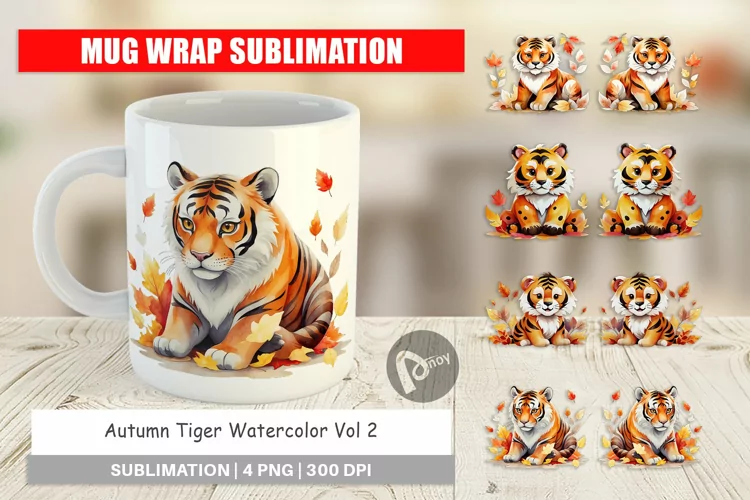 Mug Wrap Design Autumn Tiger Watercolor