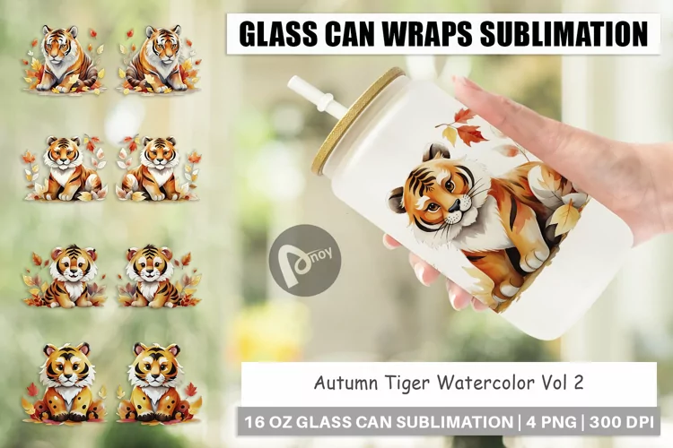 Glass Can Wraps Autumn Tiger Watercolor