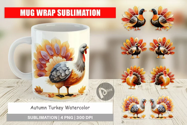 Mug Wrap Design Autumn Turkey Watercolor