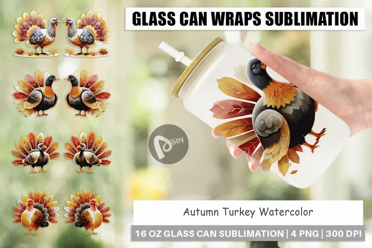 Glass Can Wraps Autumn Turkey Watercolor