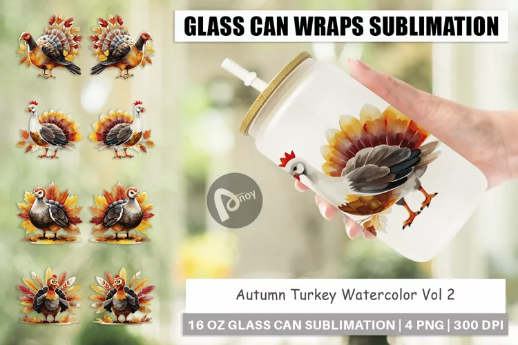 Glass Can Wraps Autumn Turkey Watercolor