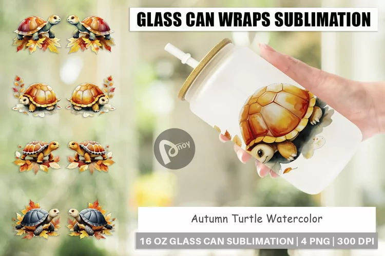 Glass Can Wraps Autumn Turtle Watercolor
