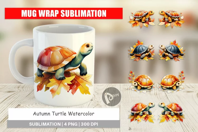 Mug Wrap Design Autumn Turtle Watercolor