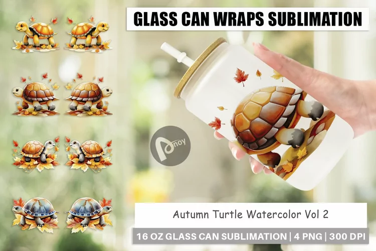 Glass Can Wraps Autumn Turtle Watercolor