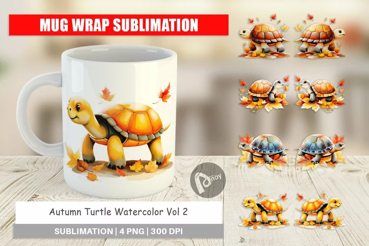 Mug Wrap Design Autumn Turtle Watercolor