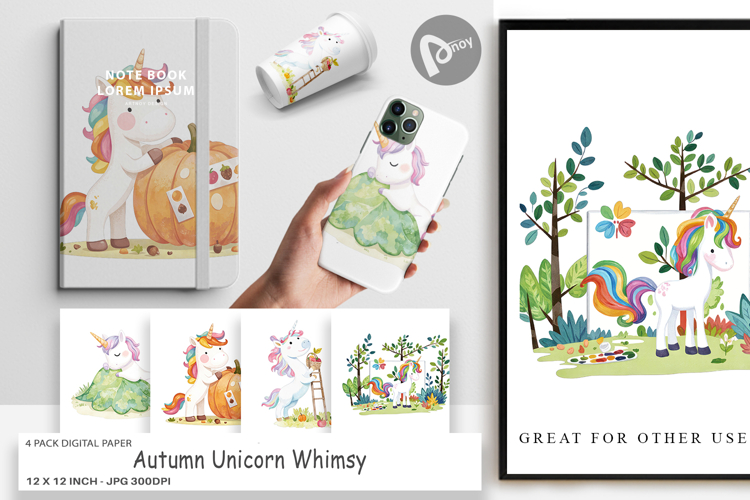 Digital Paper Autumn Unicorn Whimsy