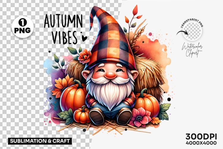 Autumn Vibes Gnome Pumpkin Clipart PNG Sublimation Design