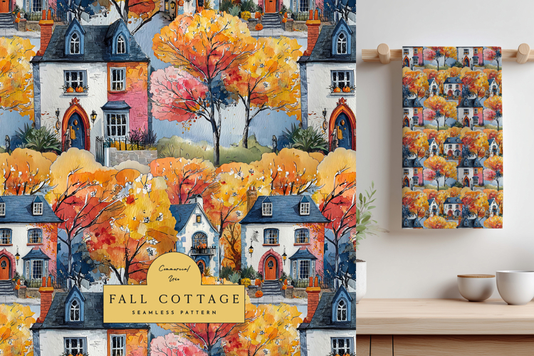 Autumn Village Houses Seamless Pattern with Cozy Cottages
