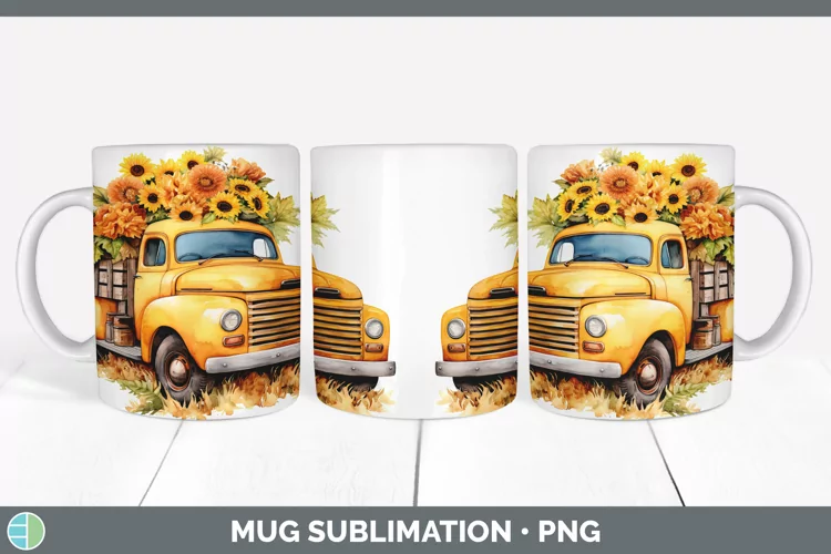 Autumn Vintage Truck Mug Wrap | Sublimation Coffee Cup Desig