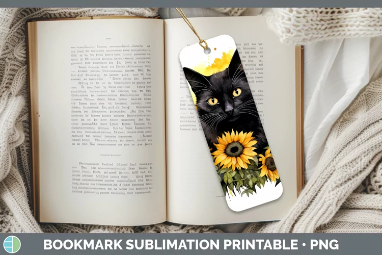 Autumn Watercolor Black Cat Bookmark Sublimation Printable D