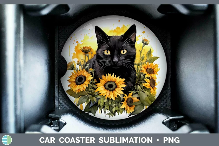 Autumn Watercolor Black Cat Car Coaster Sublimation Coaster