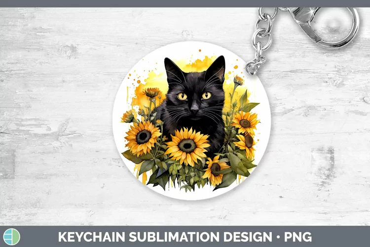 Autumn Watercolor Black Cat Keychain Sublimation Keyring Des