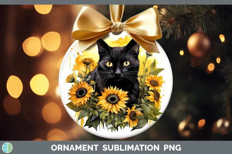 Autumn Watercolor Black Cat Ornament Sublimation Bauble Desi