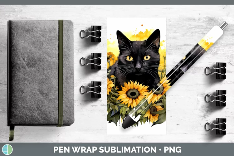 Autumn Watercolor Black Cat Pen Wrap Sublimation Epoxy Pen D