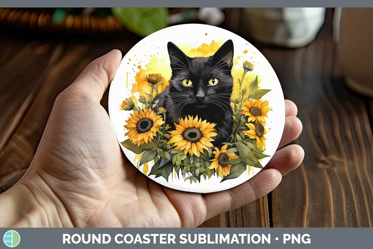 Autumn Watercolor Black Cat Round Coaster Sublimation Coaste
