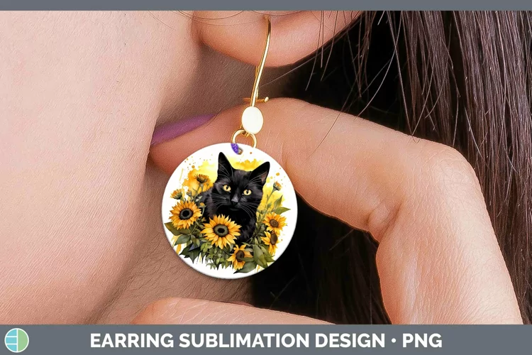 Autumn Watercolor Black Cat Round Earrings Sublimation Earri