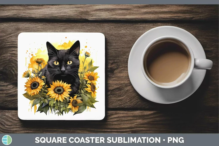 Autumn Watercolor Black Cat Square Coaster Sublimation Coast