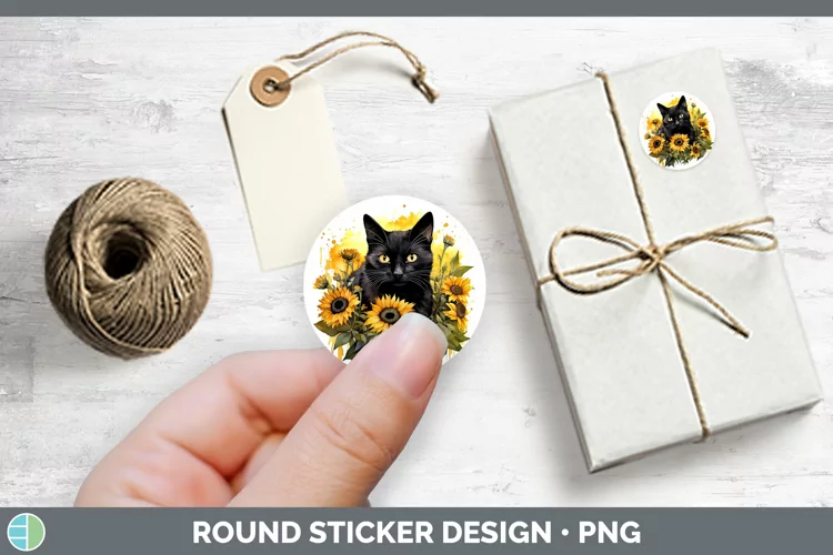 Autumn Watercolor Black Cat Stickers | Round Labels Designs