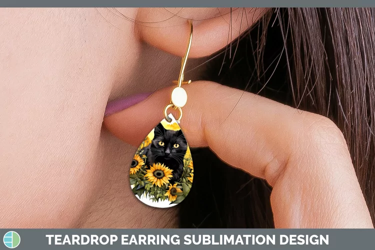 Autumn Watercolor Black Cat Teardrop Earrings Sublimation Ea