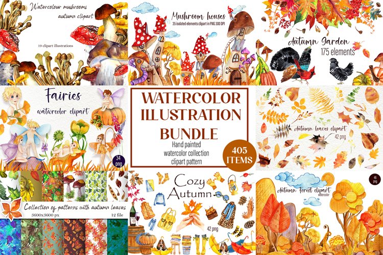 Watercolor autumn Illustration Bundle, Watercolor Clipart example image 1