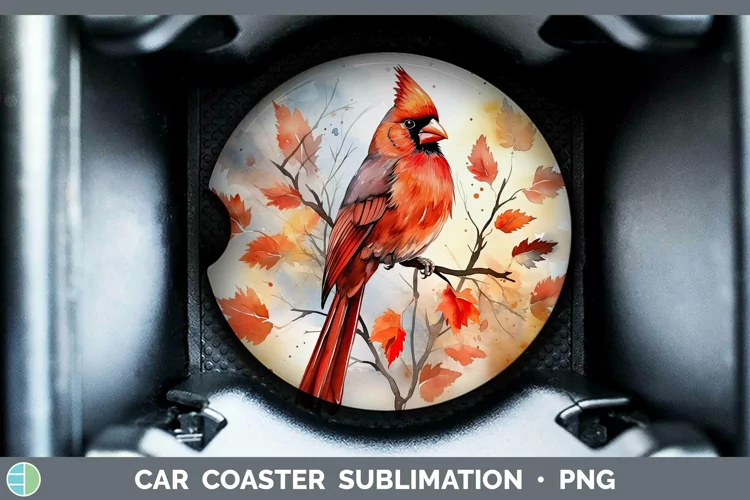 Autumn Watercolor Cardinal Car Coaster Sublimation Coaster D