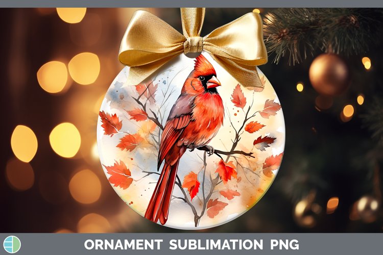 Autumn Watercolor Cardinal Ornament Sublimation Bauble Desig
