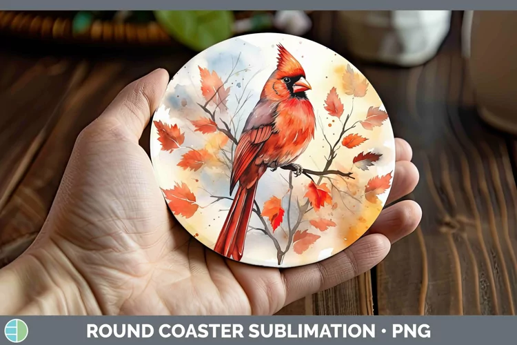 Autumn Watercolor Cardinal Round Coaster Sublimation Coaster