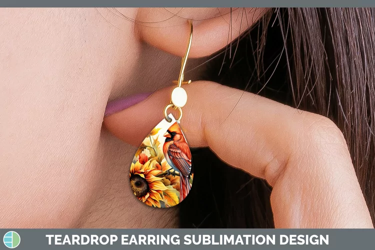 Autumn Watercolor Cardinal Teardrop Earrings Sublimation Ear