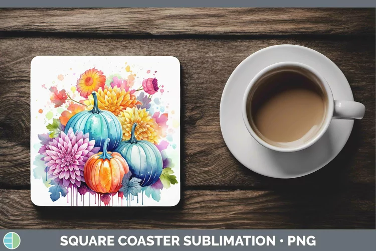 Autumn Watercolor Chrysanthemums Square Coaster Sublimation